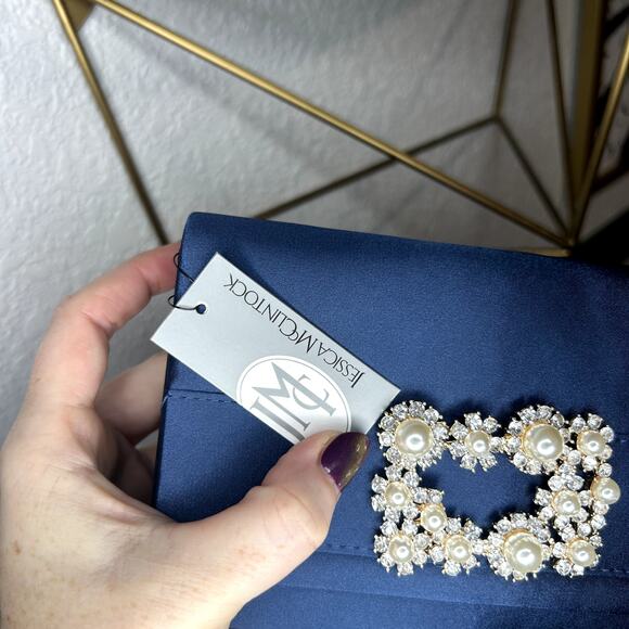Jessica McClintock Navy Satin Evening Bag Womens NWT Rhinestone Pearl Chain - Picture 8 of 8